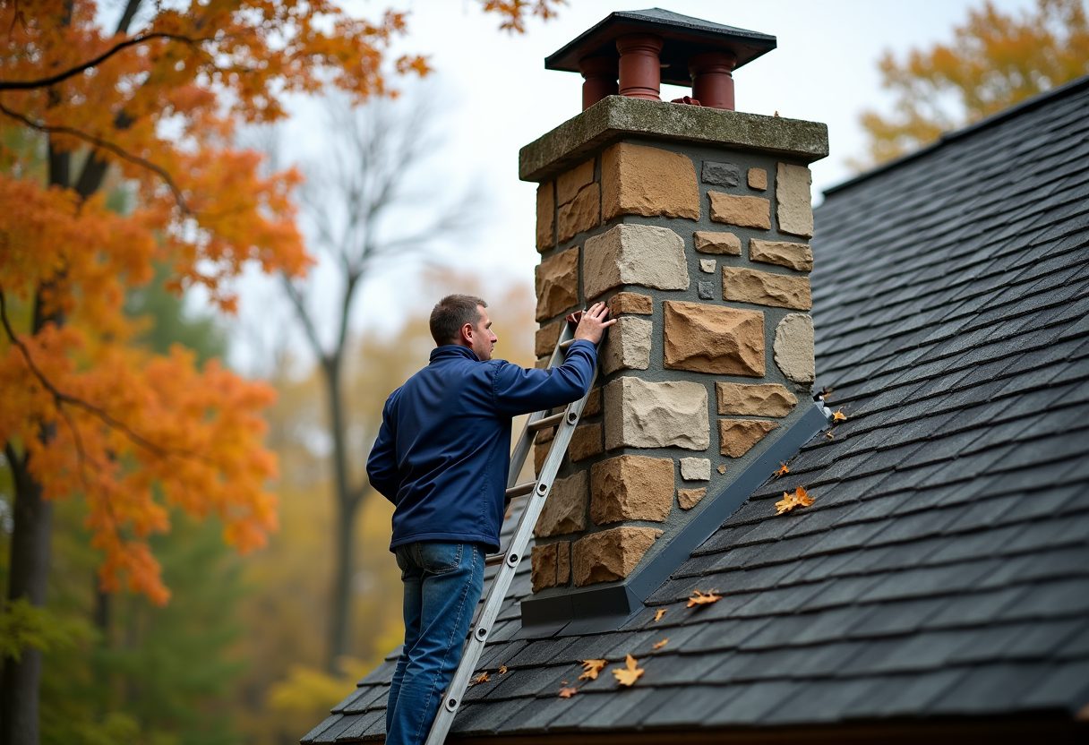 Technician inspecting a fieldstone chimney from a ladder — Manassas Park
